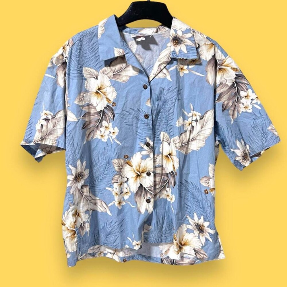 Vintage Pacific Legend Light Blue Hawaiian Shirt Men's Size Large Summer Aloha